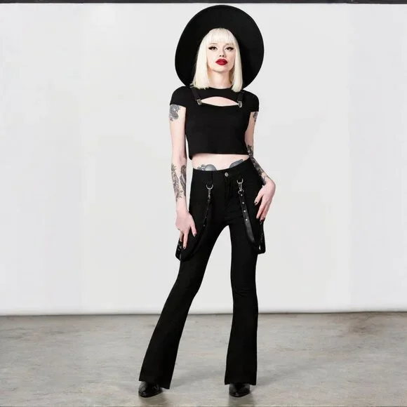 Killstar ✦ Cutout Bondage Trousers ✦ Black Strap Detail Flare Leg Gothic Alt XL - Picture 1 of 5